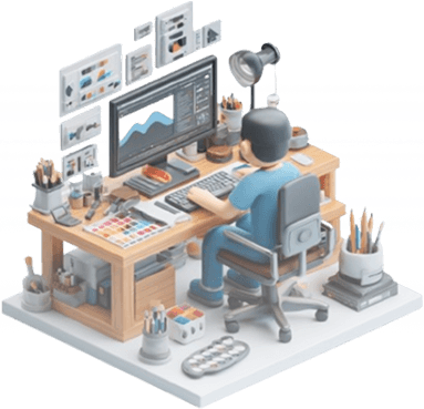 Friendly illustration of a designer at a desk